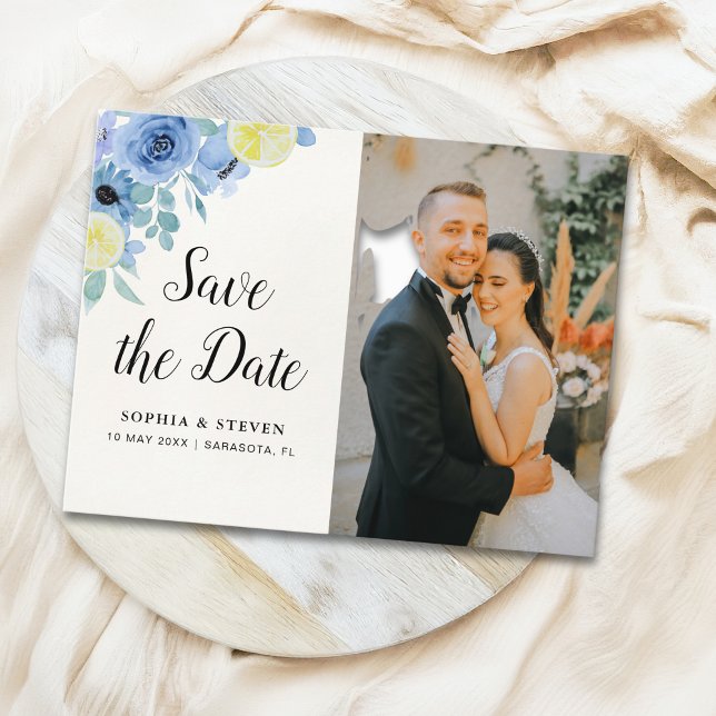 Modern Blue Mediterranean Lemon Wedding Postkarte (Von Creator hochgeladen)