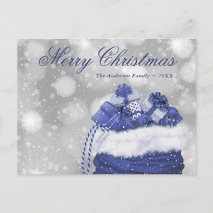 Modern Blue Merry Weihnachtsschnee präsentiert Feiertagspostkarte