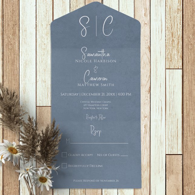 Modern Blue Minimal Monogram No Dinner All In One Einladung (Von Creator hochgeladen)