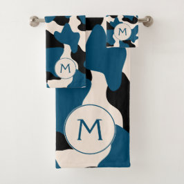 Modern Blue Monogram Cow Print Badhandtuch Set