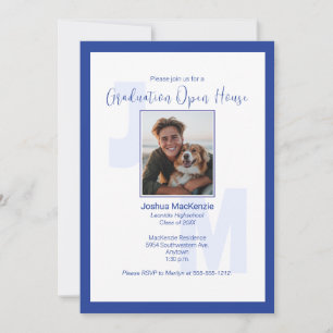 Modern Blue Monogram Foto Abschluss Einladung