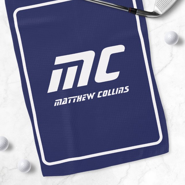 Modern Blue Monogram Minimalistisch White Name Ein Golfhandtuch (Modern Blue Monogram Minimalist White Name Simple Golf Towel)