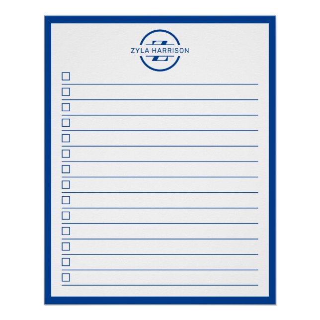 Modern Blue Monogram Name To Do List Poster (Vorderseite)