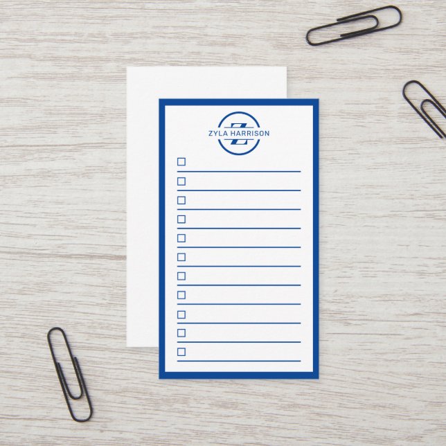 Modern Blue Monogram Name To Do List Visitenkarte (Vorderseite/Rückseite Beispiel)