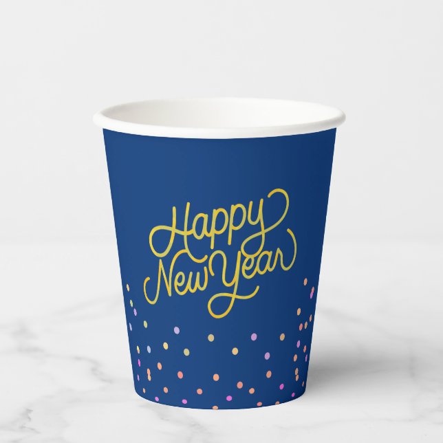 Modern Blue & Multicolor Dots Happy New Year Pappbecher (Vorderseite)