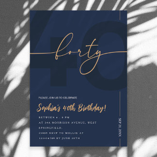 Modern Blue Navy & Gold 40th Birthday Invitation Einladung