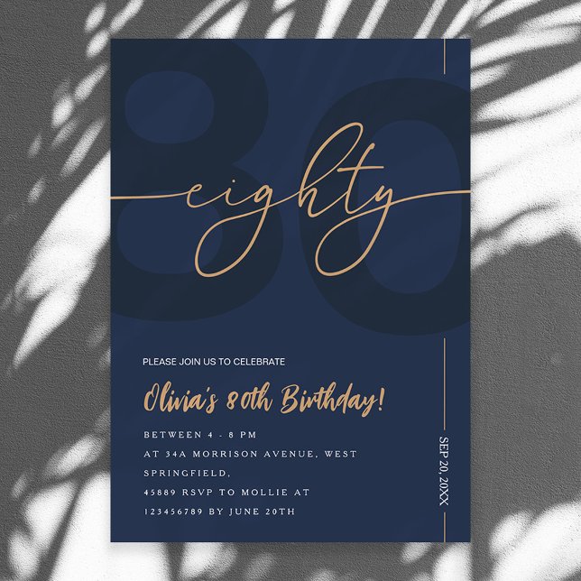 Modern Blue Navy & Gold 80th Birthday Invitation Einladung (Von Creator hochgeladen)