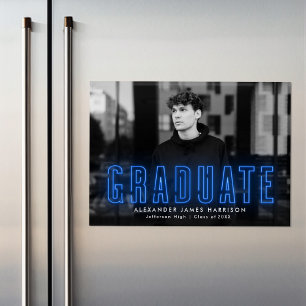 Modern Blue Neon Photo Graduation Announcement Magneteinladung
