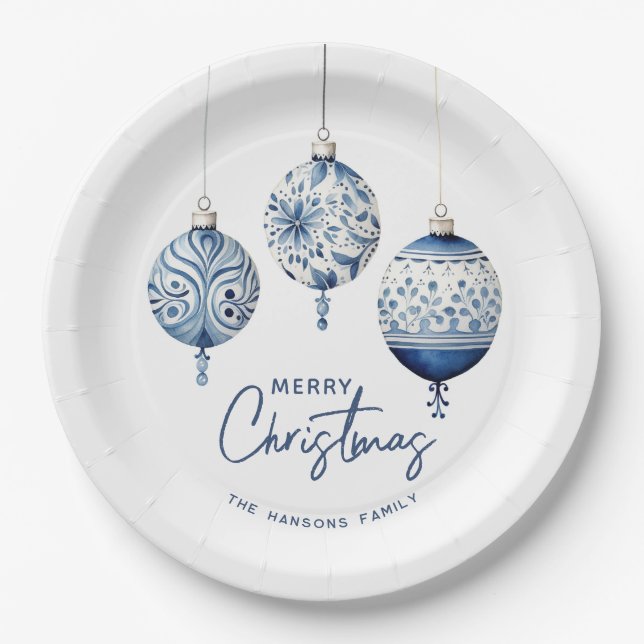 Modern Blue Nordic Style Ornaments Frohe Weihnacht Pappteller (Vorderseite)