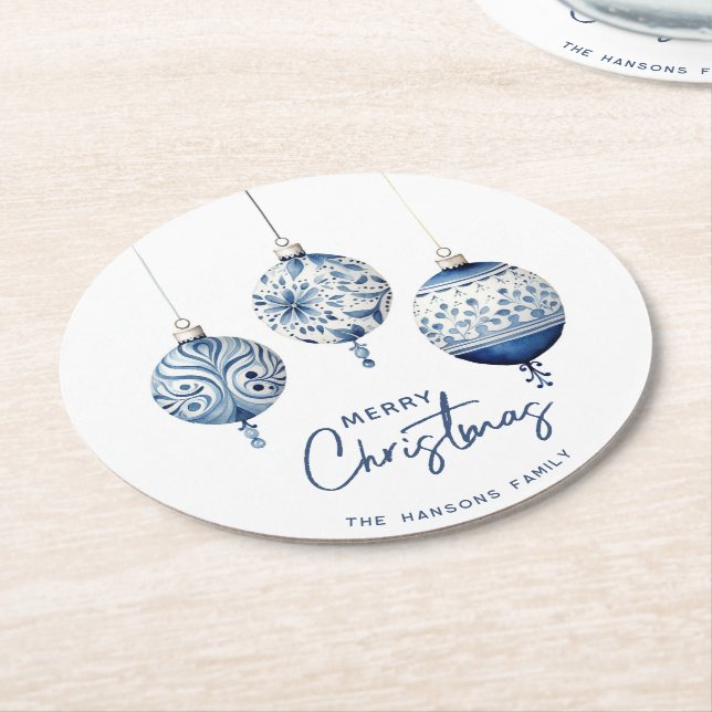 Modern Blue Nordic Style Ornaments Frohe Weihnacht Runder Pappuntersetzer (Angewinkelt)