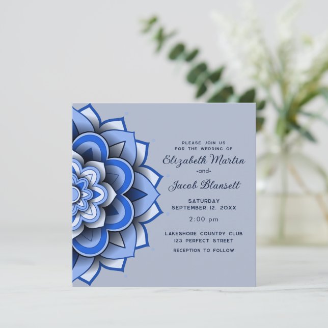 Modern Blue Paper cut Mandala Wedding Einladung (Stehend Vorderseite)