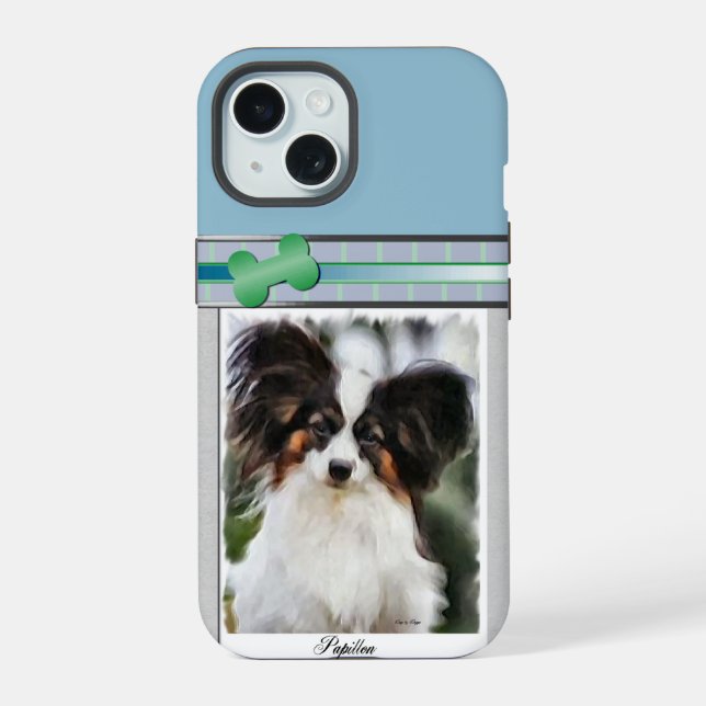 Modern Blue Papillon Dog Art iPhone 15 Hülle (Rückseite)