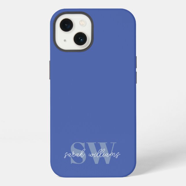Modern Blue Personalisiert Monogram Name iPhone Hülle (Rückseite)