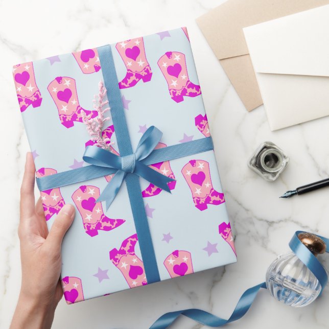 Modern Blue Pink Cowgirl Western Boots Stars Geschenkpapier (Schenken)