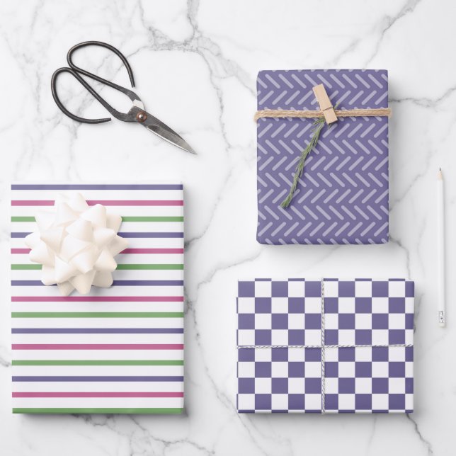 Modern Blue, Pink, Green Stripes, Blue Checkered Geschenkpapier Set (Vorderseite)