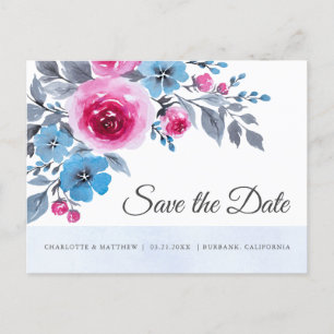Modern Blue Pink Watercolor Floral Save the Date Ankündigungspostkarte