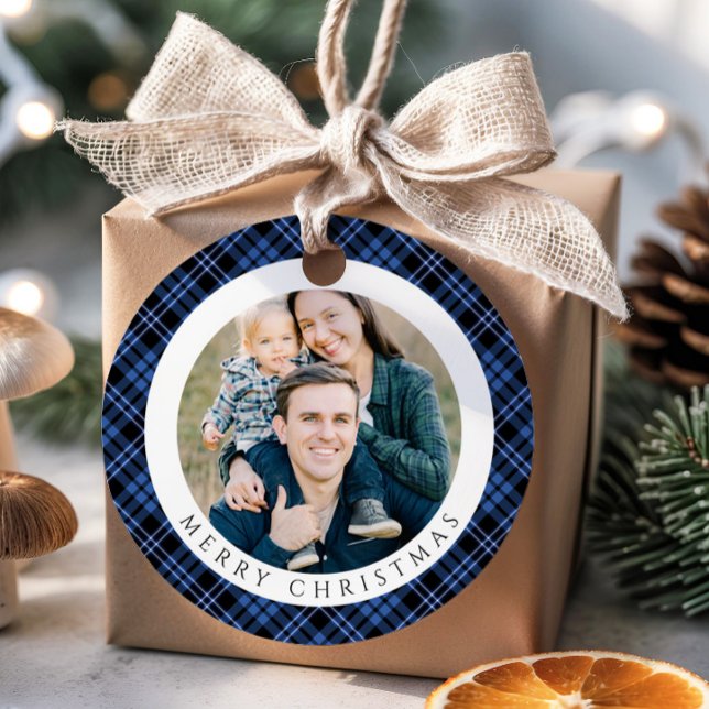 Modern Blue Plaid Photo Christmas Geschenkanhänger (Modern Blue Plaid Photo Christmas Favor Tags)