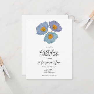 Modern Blue Poppy Floral Birthday Garden Party Einladung
