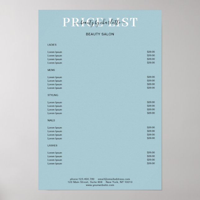 Modern Blue Price List Poster (Vorne)