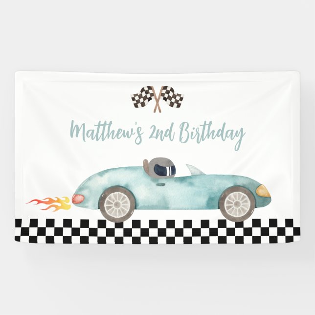 Modern Blue Race Car Birthday Banner (Horizontal)
