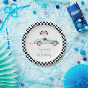 Modern Blue Race Car Birthday Pappteller
