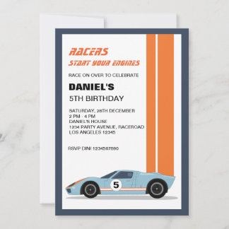 Modern Blue Race Car Boy Birthday Einladung