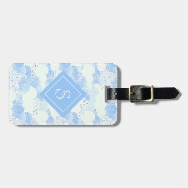 Modern Blue Rain Clouds Monogram Personalisiert Gepäckanhänger (Vorderseite horizontal)