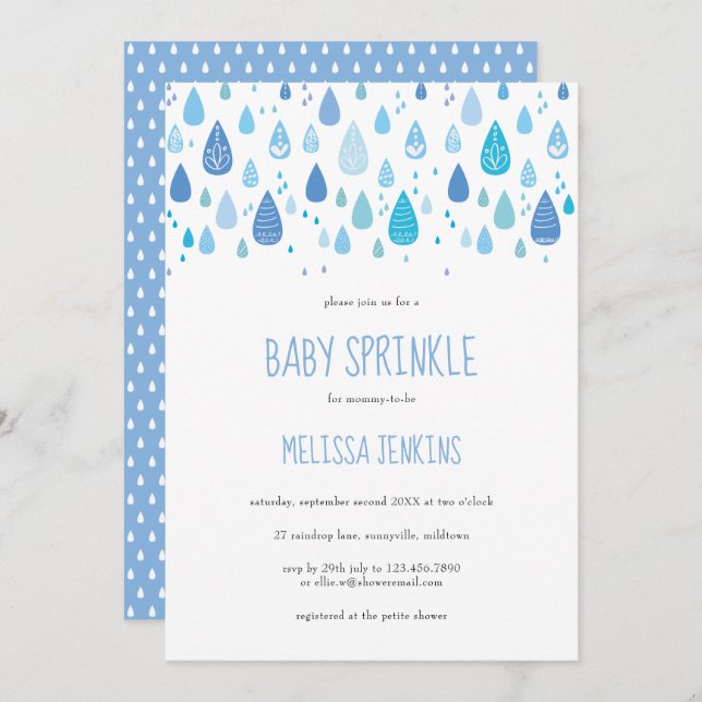 Modern Blue Raindrops Baby Boy Sprinkle / Dusche Einladung (Vorne/Hinten)
