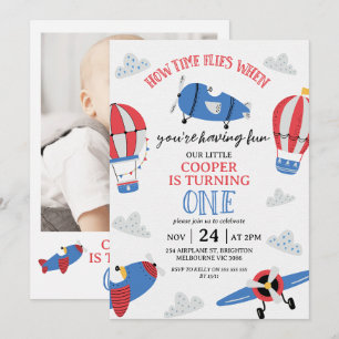 Modern Blue Red Foto How Time Fliegt 1. Geburtstag Einladung