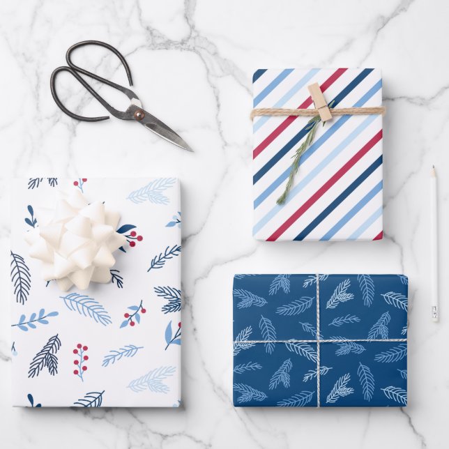 Modern Blue & Red Holiday Berry Wrapping Paper Geschenkpapier Set (Vorderseite)