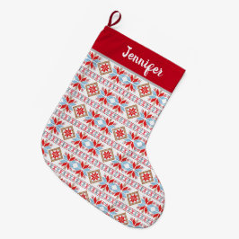 Modern Blue Red Nordic Pattern Großer Weihnachtsstrumpf