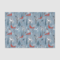 Modern Blue Red Nordic Winter Foxes Birds Pattern