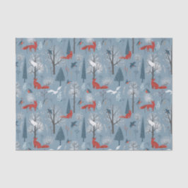 Modern Blue Red Nordic Winter Foxes Birds Pattern Seidenpapier