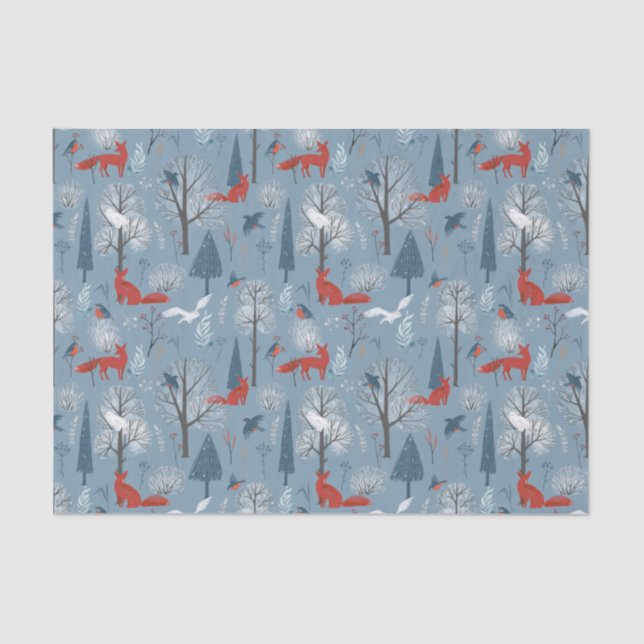 Modern Blue Red Nordic Winter Foxes Birds Pattern Seidenpapier (Vorderseite)