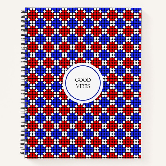 Modern Blue Red White Dotted Diamonds on Black Notizbuch (Vorderseite)