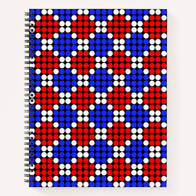 Modern Blue Red White Dotted Diamonds on Black Notizbuch (Vorderseite)