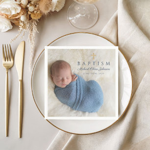 Modern Blue Religious Cross Boy Baptism Foto Serviette