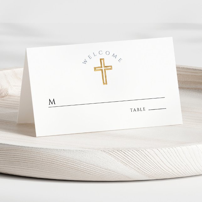 Modern Blue Religious Cross Boy First Communion Platzkarte (Front - Religious Cross Blue Boy First Communion Place Card)