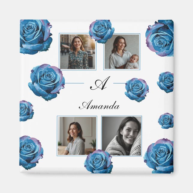 Modern Blue Rose Monogram Foto Collage Custom Mama Magnet (Vorne)