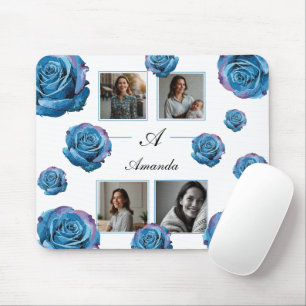 Modern Blue Rose Monogram Foto Collage Custom Mama Mousepad