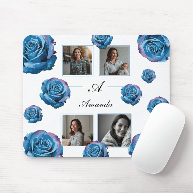 Modern Blue Rose Monogram Foto Collage Custom Mama Mousepad (Mit Mouse)