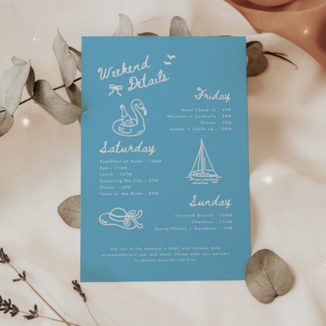 Modern Blue Script Bachelorette Weekend Details Begleitkarte (Von Creator hochgeladen)
