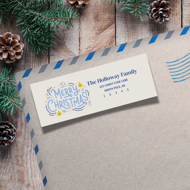Modern Blue Script Frohe Weihnachts-Rücksendeadres (Send holiday greetings with a classic touch! )