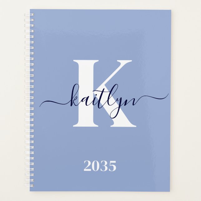 Modern Blue Script Monogram Planer (Vorderseite)