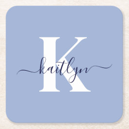 Modern Blue Script Monogram Rechteckiger Pappuntersetzer