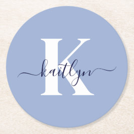 Modern Blue Script Monogram Runder Pappuntersetzer