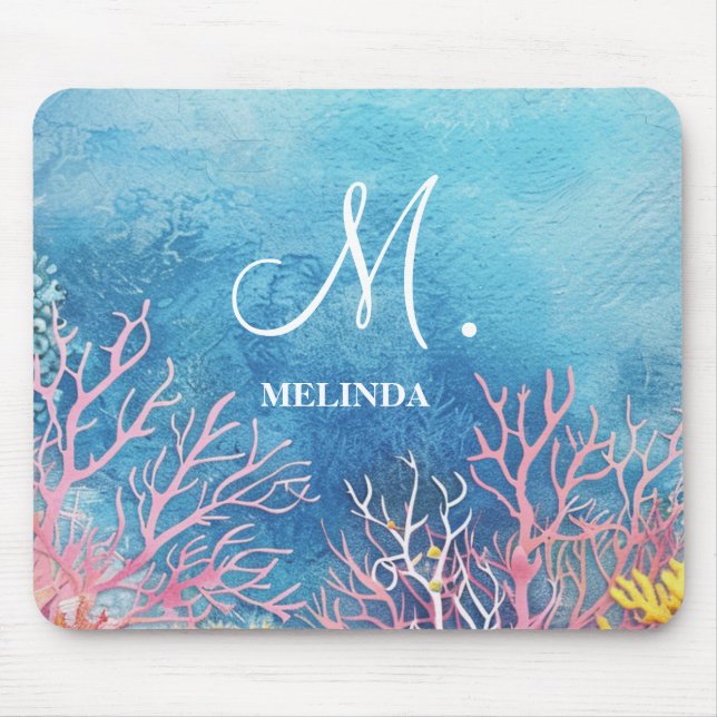 Modern Blue Sea Motif Monogram Mousepad (Vorne)