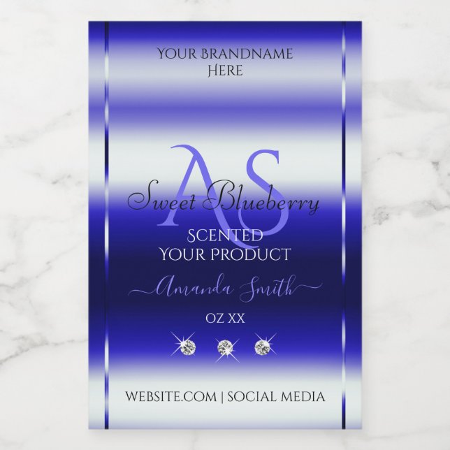Modern Blue Shimmery Product Label Initials Jewels Lebensmitteletikett (Einzelnes Label)