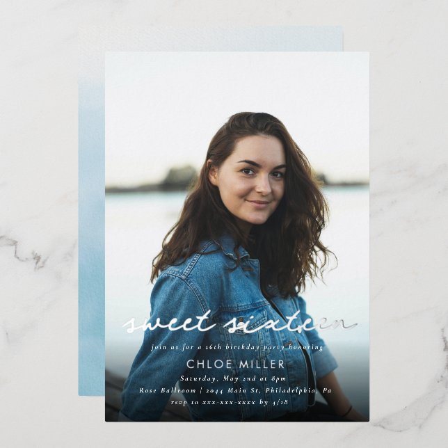 Modern Blue Silver Foto 16. Geburtstag Folieneinladung (Vorderseite/Rückseite)