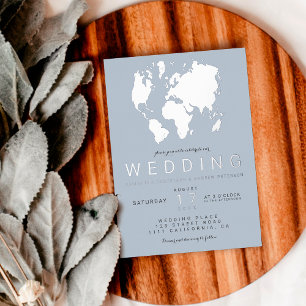 Modern blue silver world map wedding photo folieneinladung